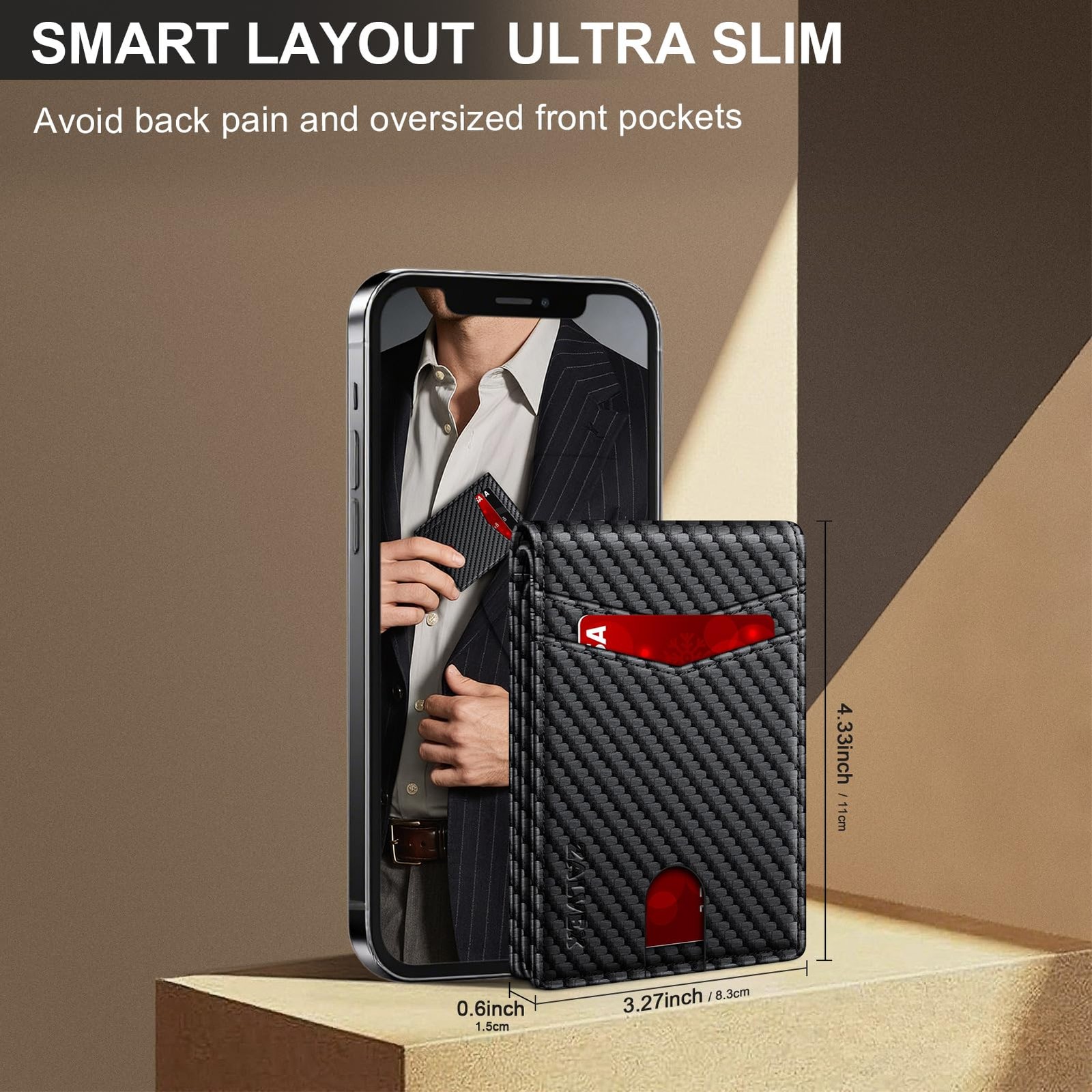 Wallet for Men Slim RFID Blocking 4.3 x 3.2 x 0.6 inches, Carbon Fiber