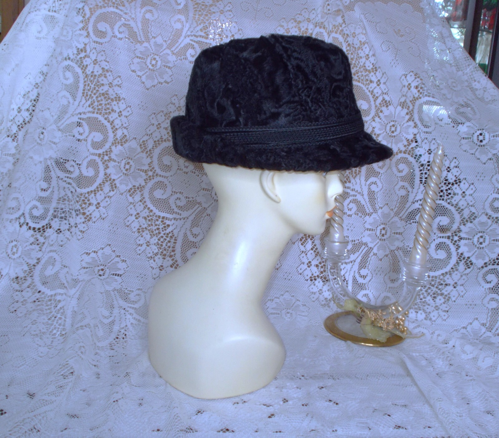 Vtg Regency of New York Black Broadtail Persian Lamb & Leather Fedora Hat 22 3/4