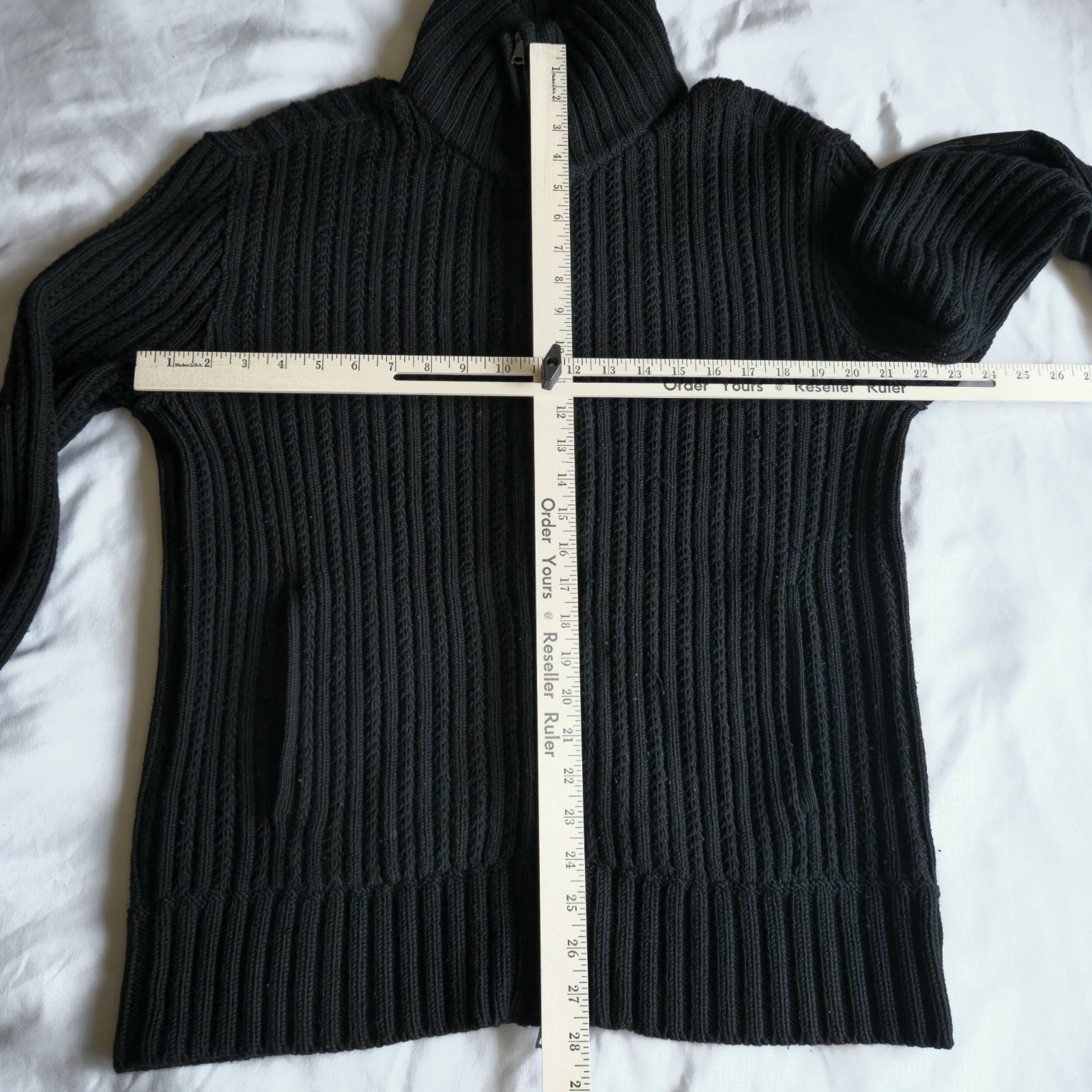John Varvatos Mens L Black Merino Wool Lamb Leather Elbow Patches Zip-Up Sweater