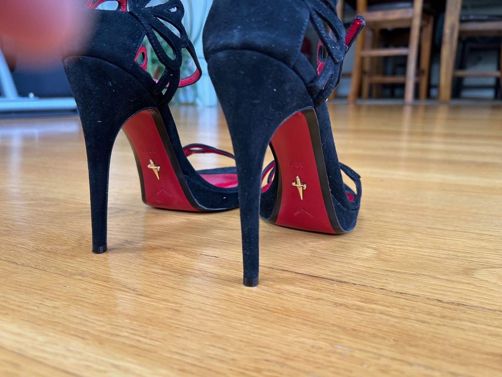 CESARE PACIOTTI Black Suede Butterfly Laser-Cut Sandals SZ 8.5 IT 38.5 Good &Box