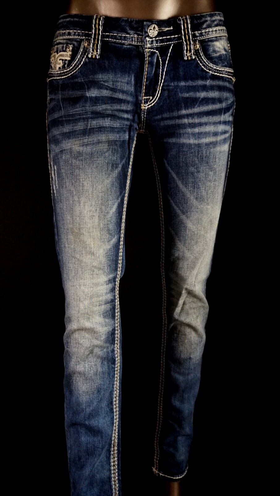 $180 Buckle Rock Revival Jeans “Kai” Leather Inserts Pockets Skinny 30 X 31