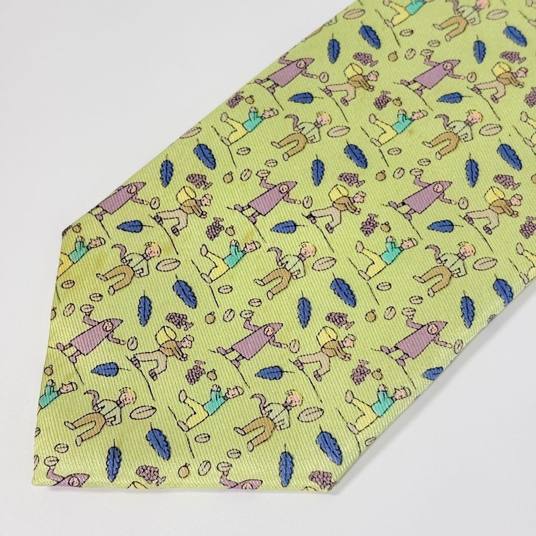 HERMES All-over Pattern Silk Necktie Greenish Made in France 146cm 9cm Pre-owned