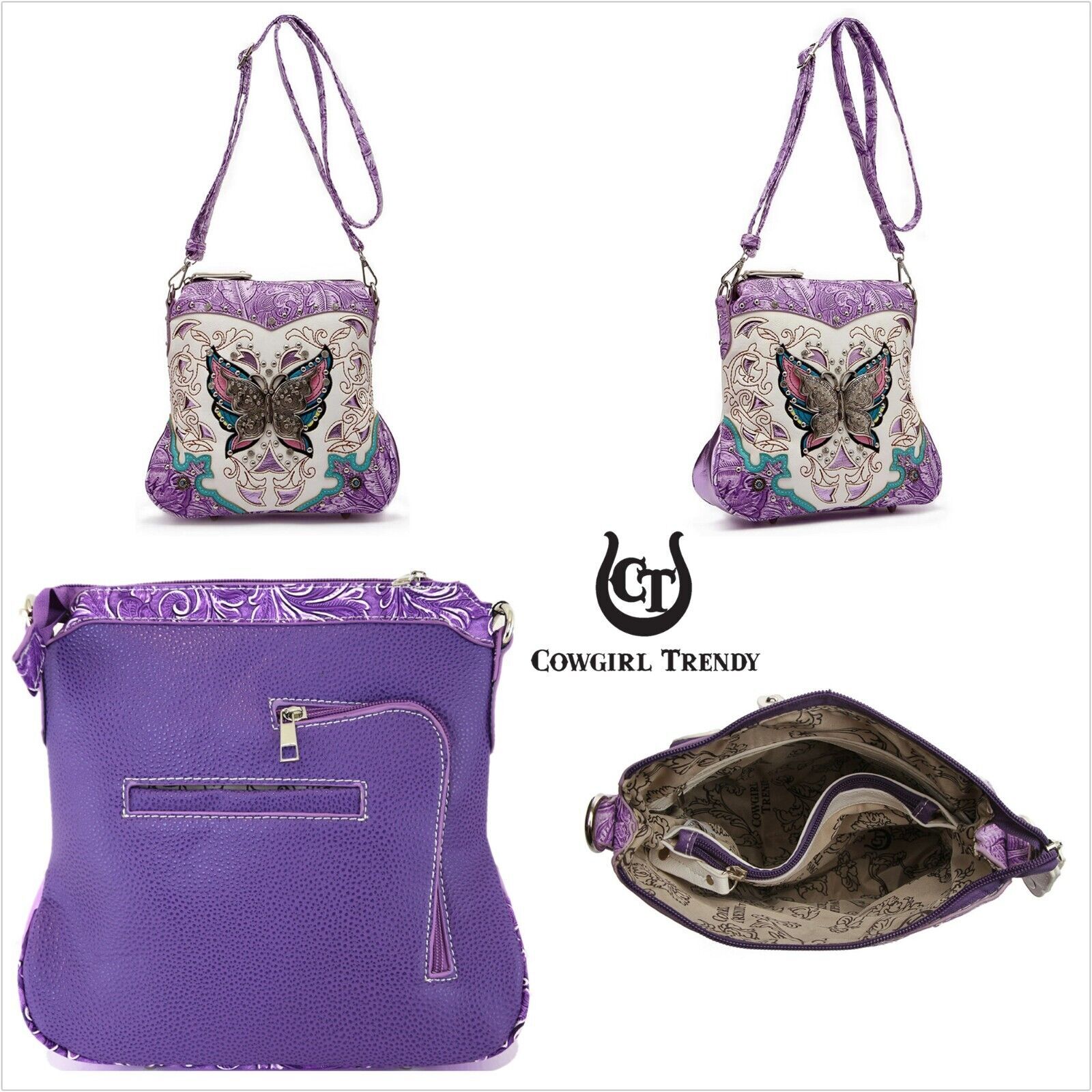 Butterfly Handbag Western Purse Women Shoulder Bag Crossbody Wallet Set Purple