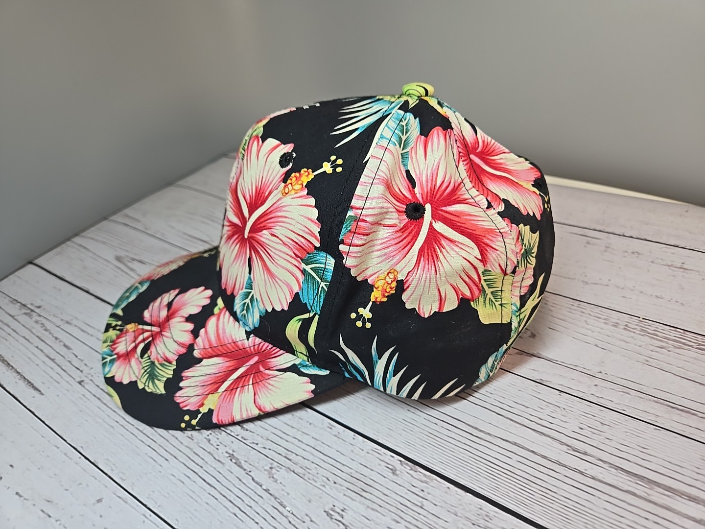 Floral Tropical Vacation Theme Black Hat Flowers Adjust Adult Size Baseball Hat