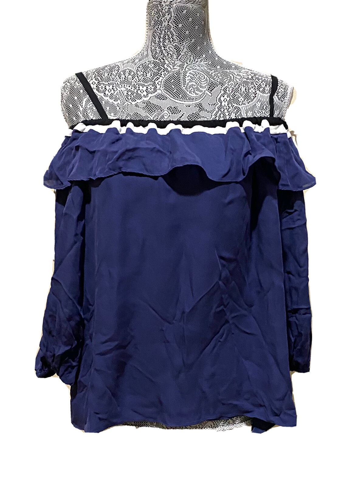 Parker Silk Tunic Top Blue Off Shoulder Ruffle Overlay Spaghetti Strap Shirt