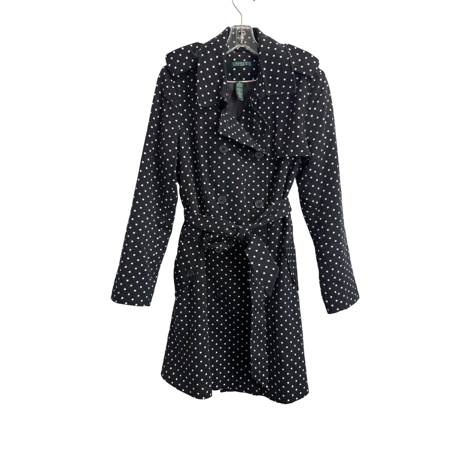 Lauren Ralph Lauren Polka Dot Trench Coat Black White Belted Double Breasted M