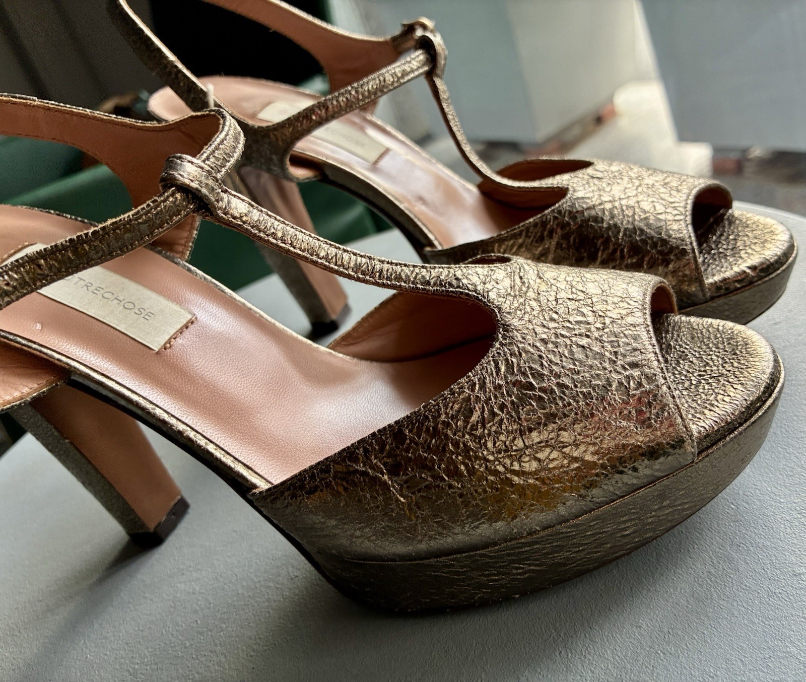 THE OTHER THING T-Strap High Heel Platform Sandal Bronze/Gold Cracklé Leather n.40