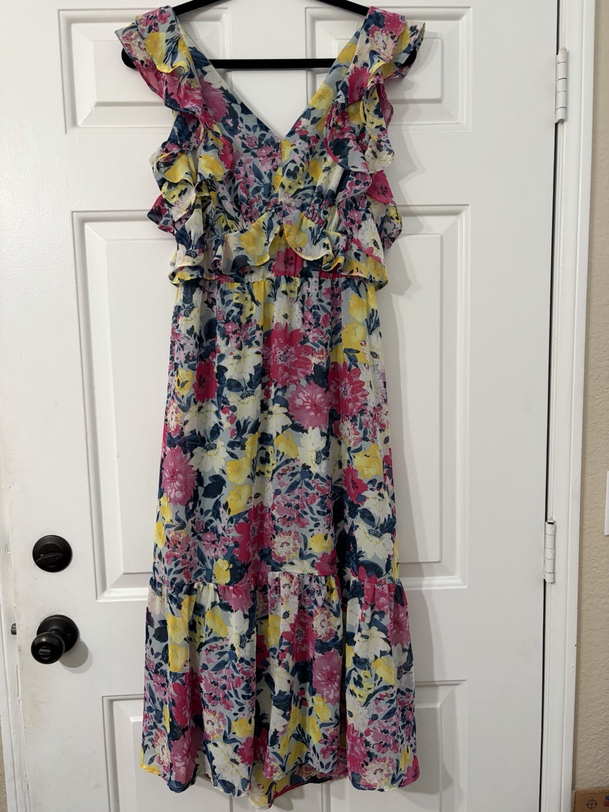 Lauren Conrad Midi Dress Large Romantic Watercolor Floral Ruffled Open Back