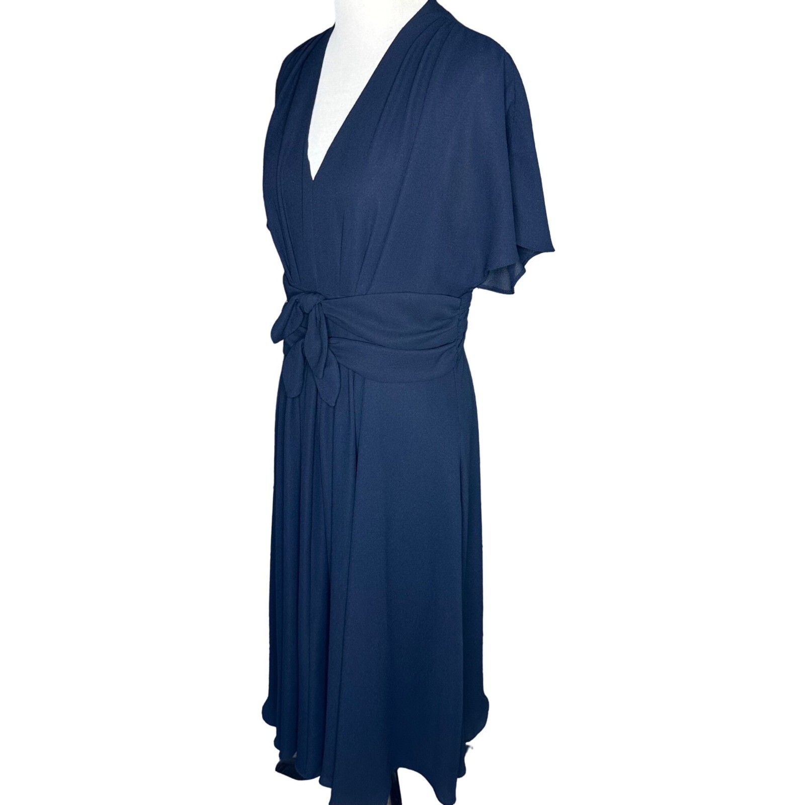 Gal Meets Glam Navy Blue Chiffon Waist Tie Bow Midi Dress Size 8 Back Zipper