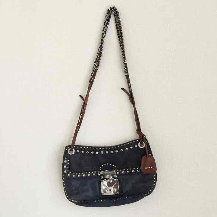 Miu Miu Studded 2Way Shoulder Bag Black Leather Crossbody W11.4in H6.7in Handbag