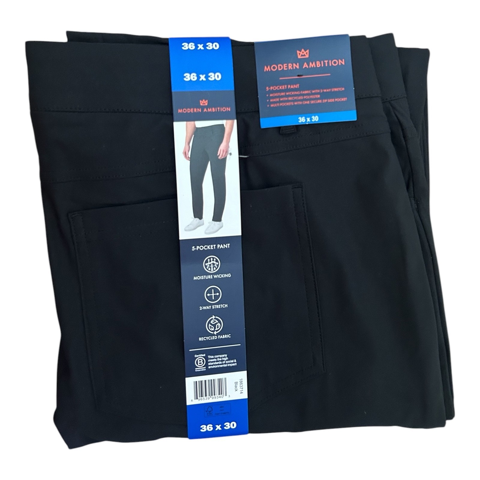 Modern Ambition Men’s 5-Pocket Pant Moisture Wicking Fabric Black Size 36×30