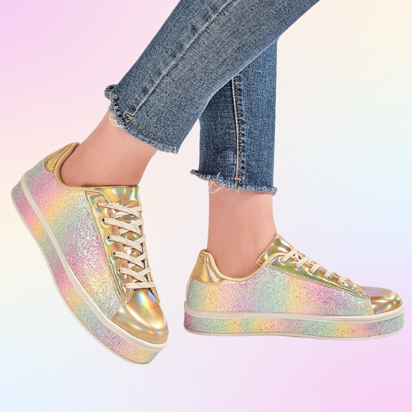 UUBARIS Rainbow Glitter Platform Sneakers Women’s Size 6 New No Box Bling