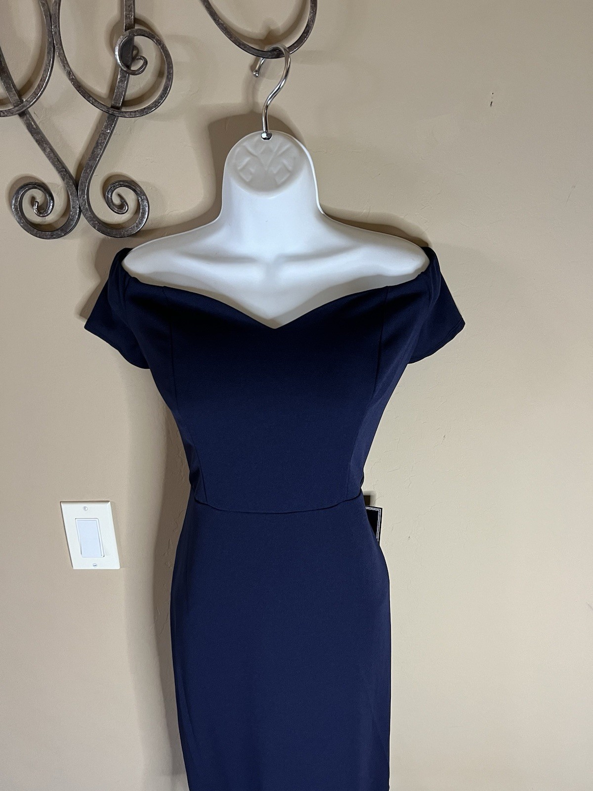 New Rebecca B. Navy Off Shoulder Sweetheart Neckline Midi Dress 8