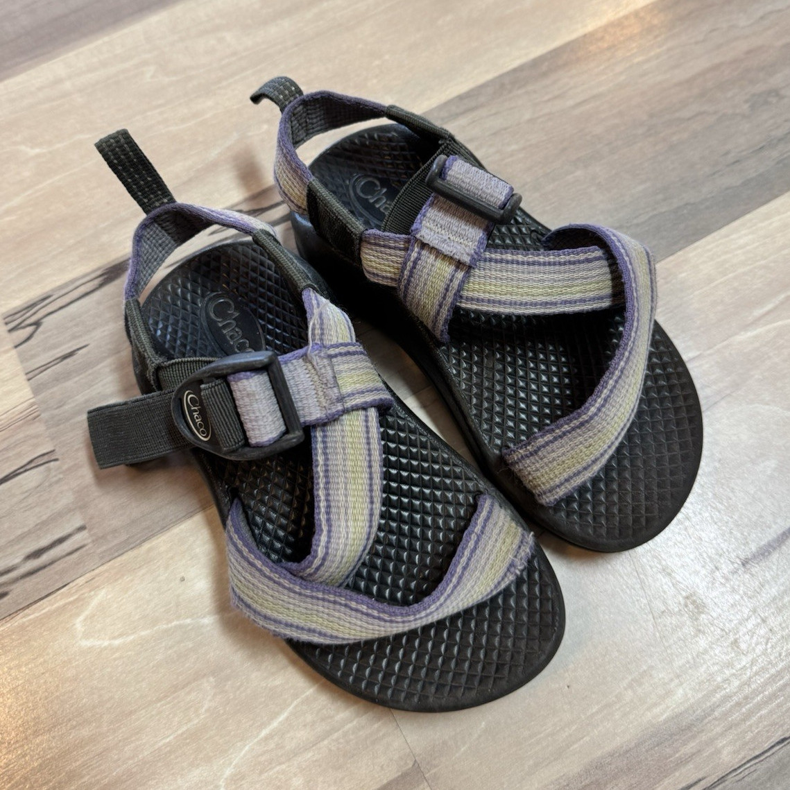 Chaco Unisex Kids Sandals US 9 Strappy Hook & Loop Black Purple Gray Stripe