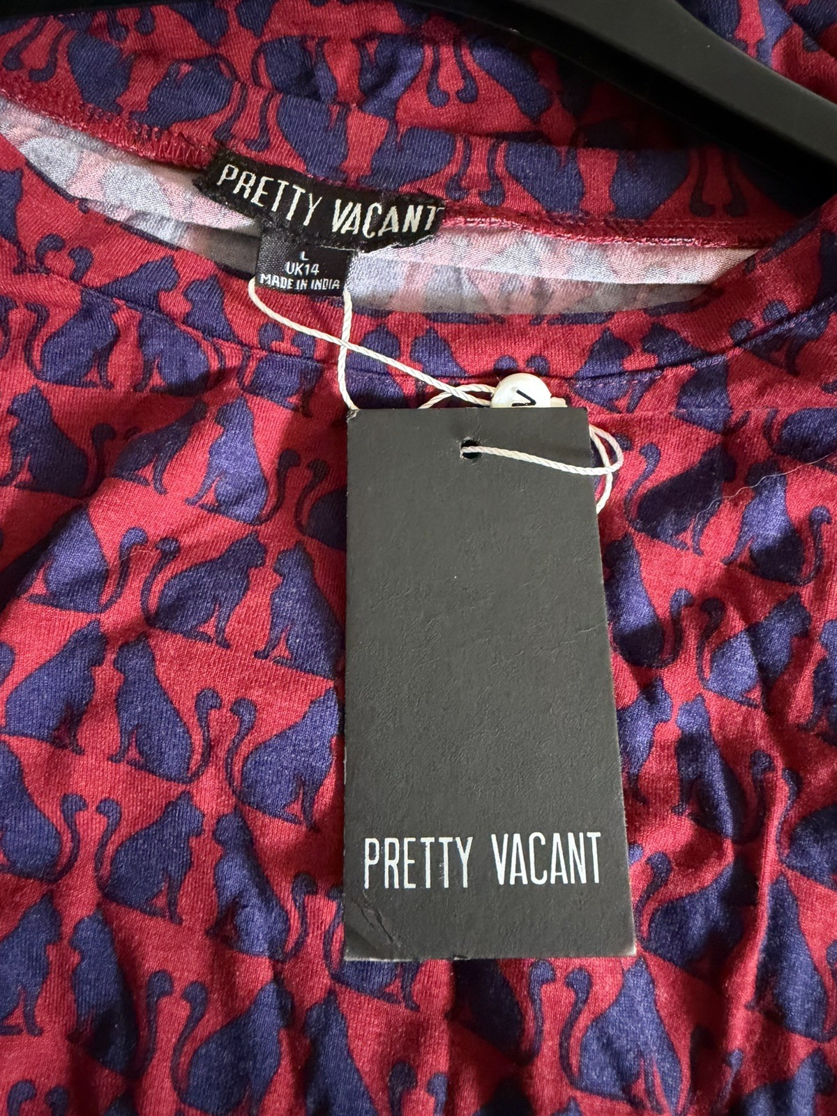 PRETTY VACANT Raspberry Navy Blue Art Deco Cat Print Long Sleeve Top UK14 BNWT