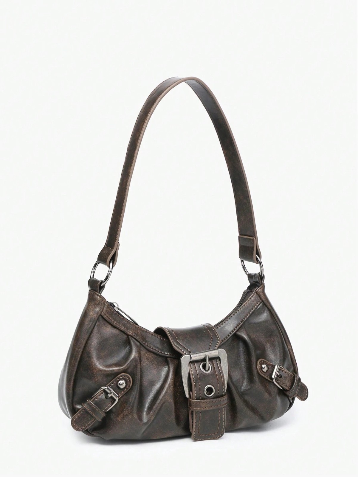 Vintage Burgundy Studded Faux Leather Motorcycle Shoulder Baguette Bag