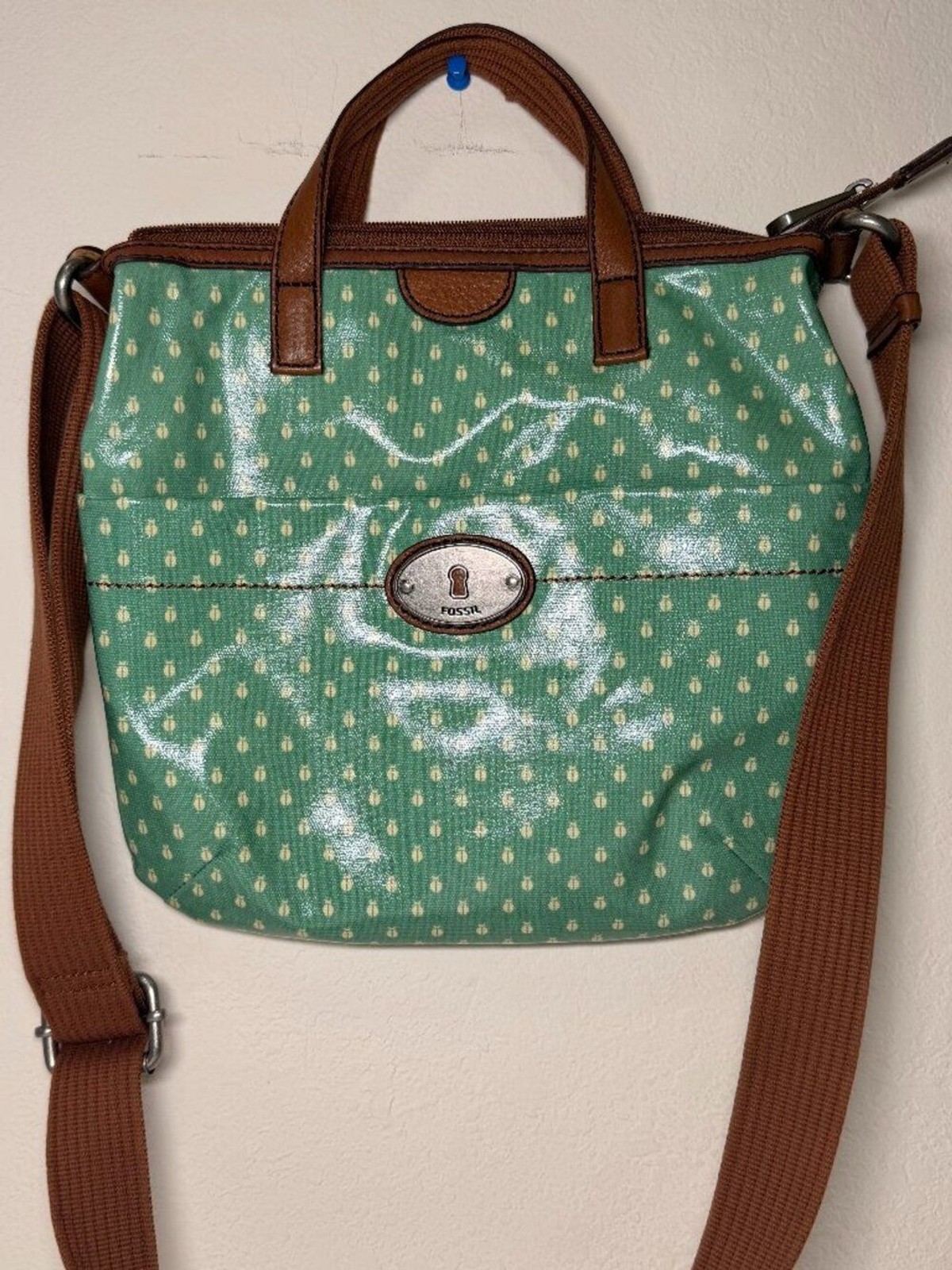 Fossil Key-Per Coated Canvas Crossbody Bag Green Ladybug Beetle Print Vintage