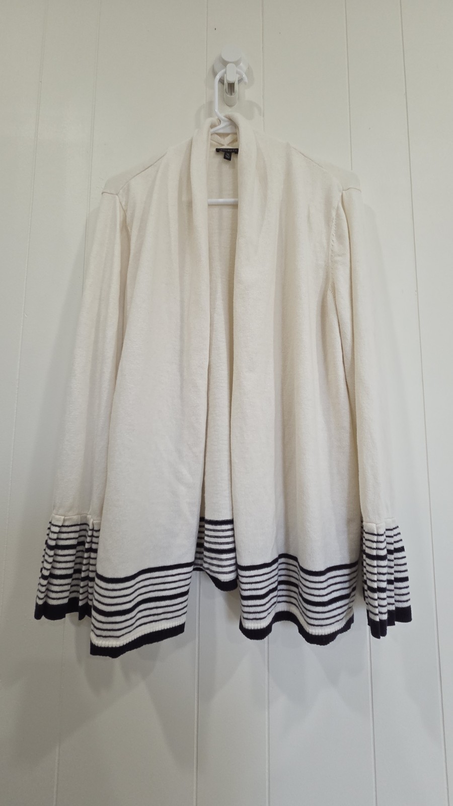 Talbots XL Shawl Collar Open Front Cardigan Cotton Cashmere White Navy Stripe
