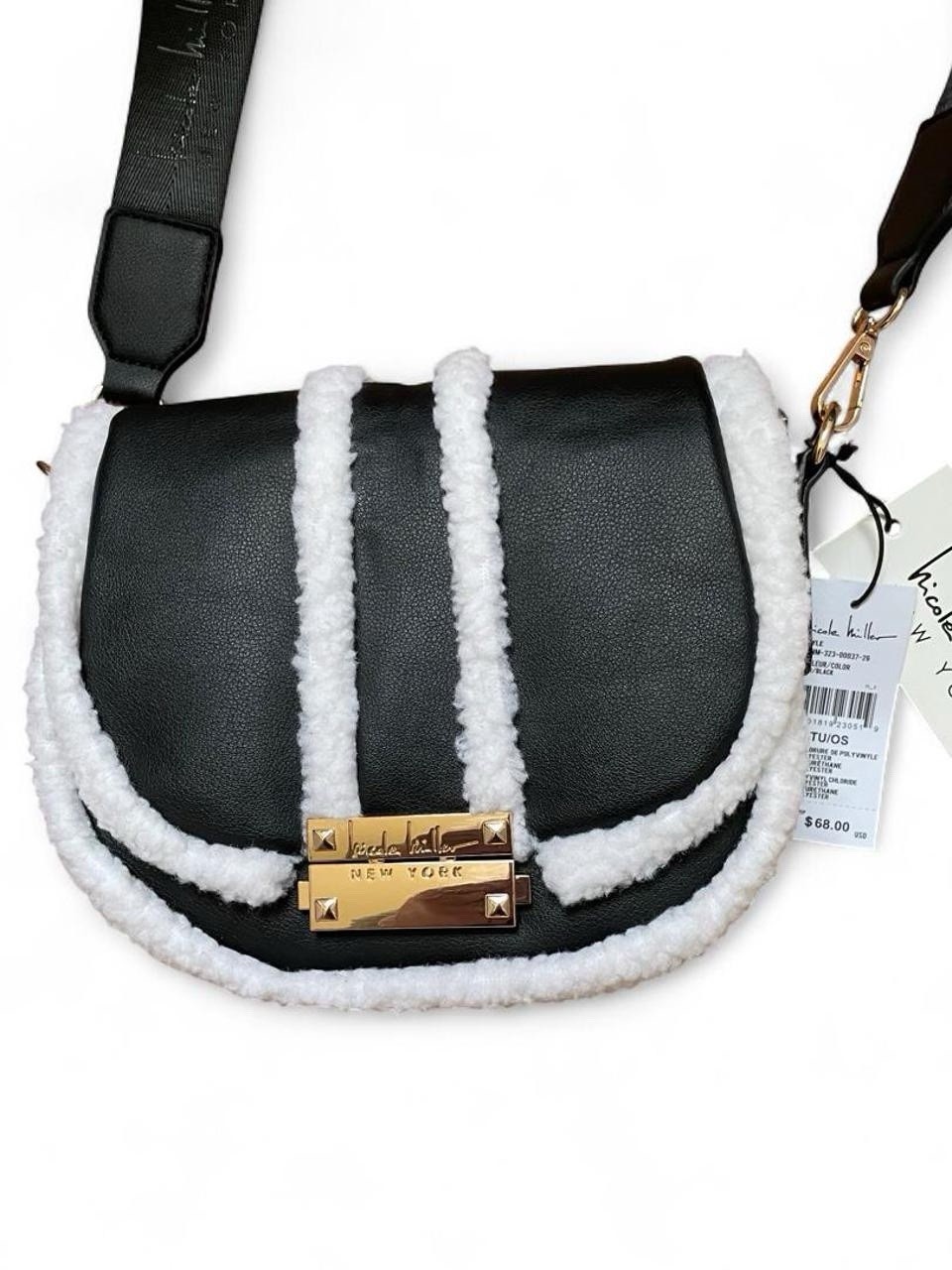 Nicole Miller New York Faux Shearling Black Crossbody Bag Purse