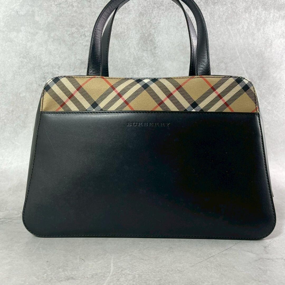 Burberry Nova Check Leather Canvas Handbag Black Beige Auth