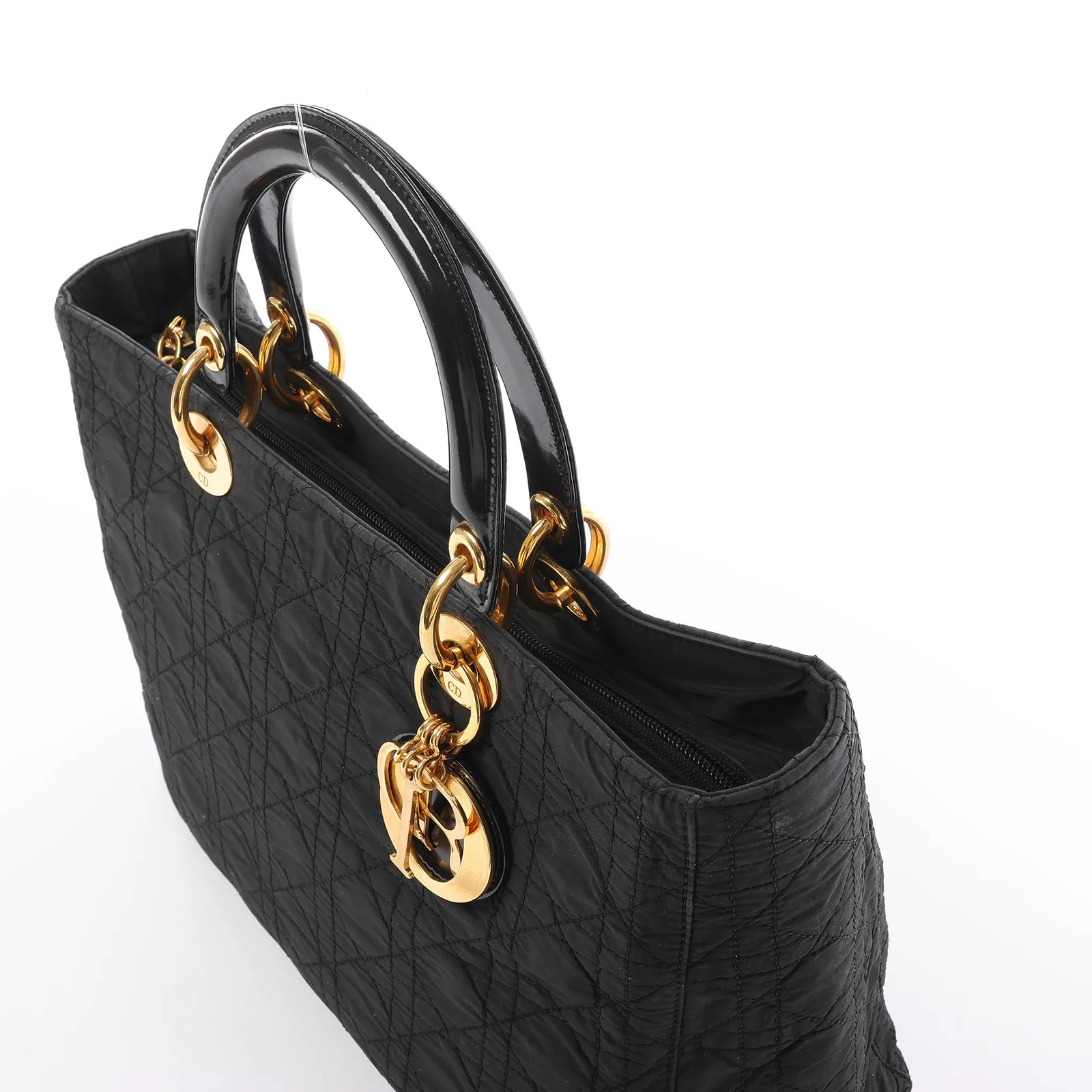 Dior Lady Dior Large Cannage Nylon x Patent Leather 2Way Handbag in Black