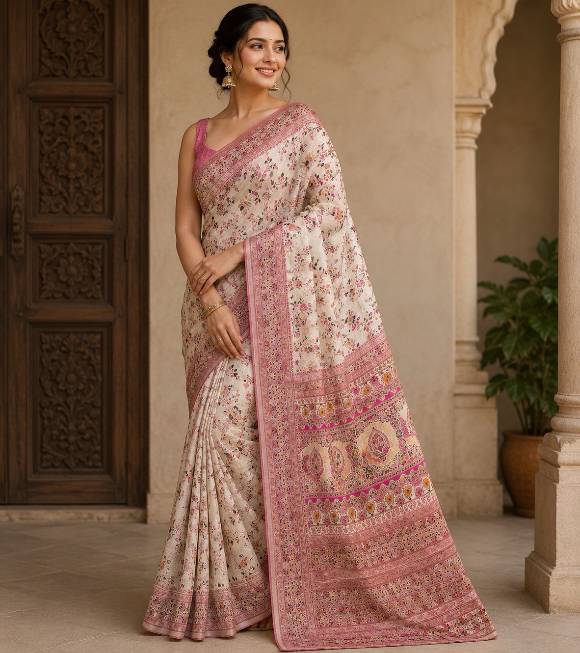 Pashmina Silk Saree – Ivory Floral Weave, Rich Pink Border, Indian Ethnic Wear