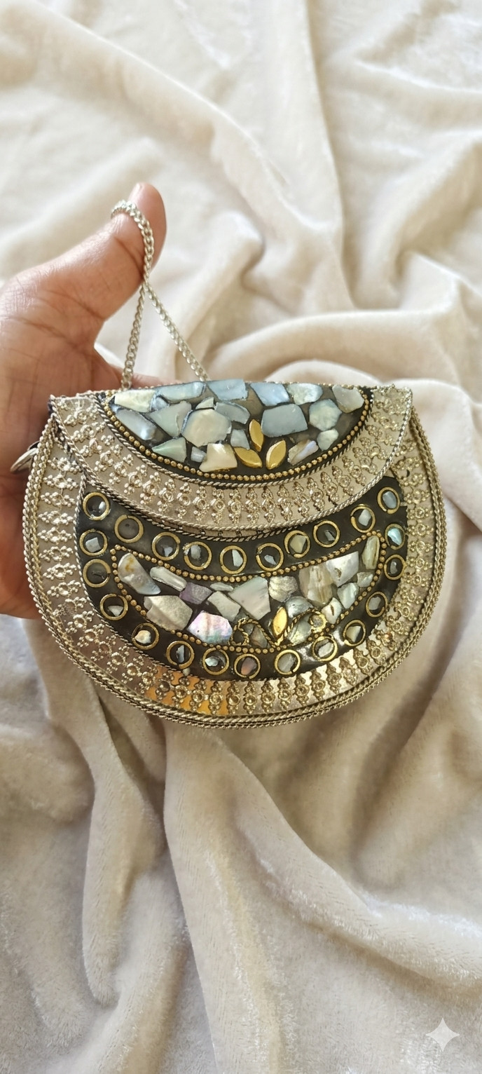 Vintage Handcrafted Mother of Pearl Seep Plated Clutch Bag – Ethnic Mosaic Purse