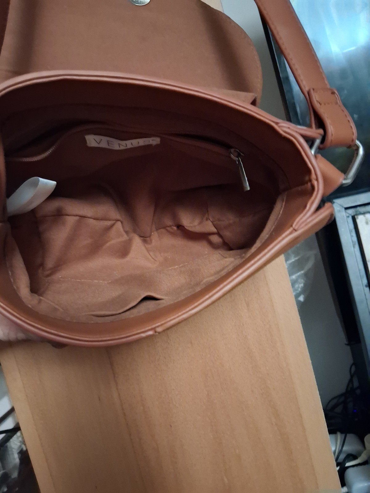 VENUS Brown Small Semi-Circle Crossbody Buckle Silver Hardware Inner Pockets