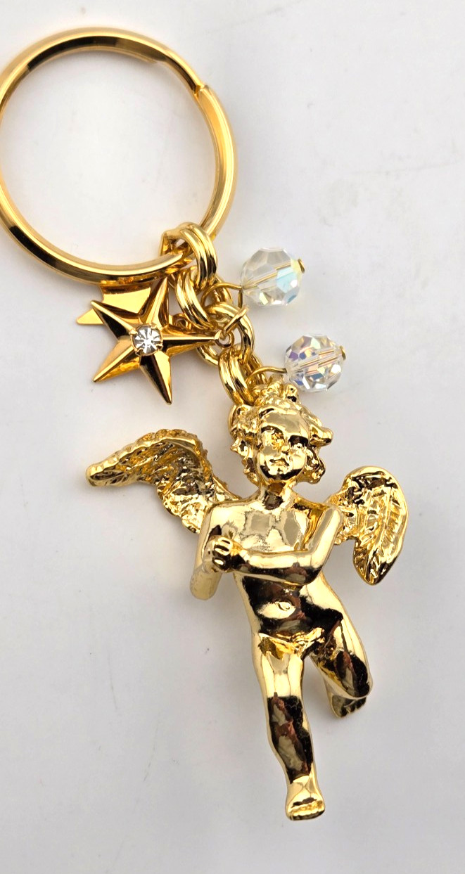 KIRKS FOLLY CHERUB ANGEL KEY CHAIN RING Star Aurora Crystal Charms GT #19