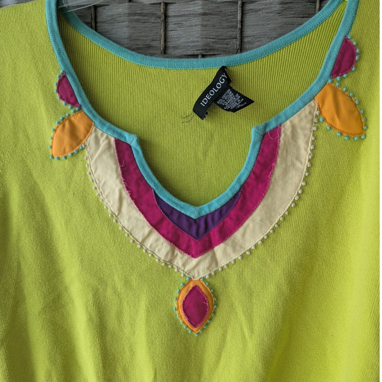 Short Sleeve Sweater Lime Green Beaded Applique Split Neck XL Boho Retro Bright