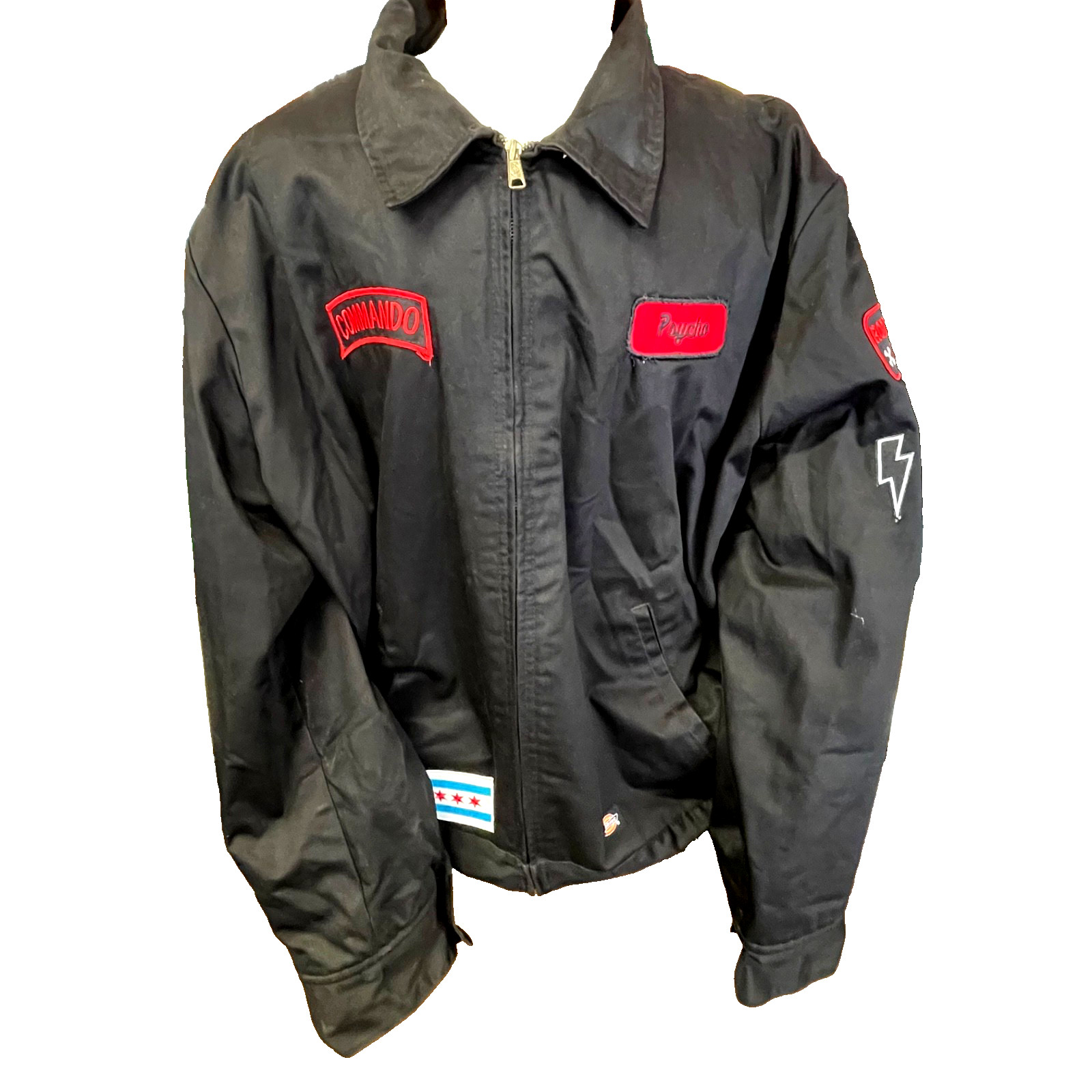black Dickies work jacket featuring custom red embroidered patches Size 3XL