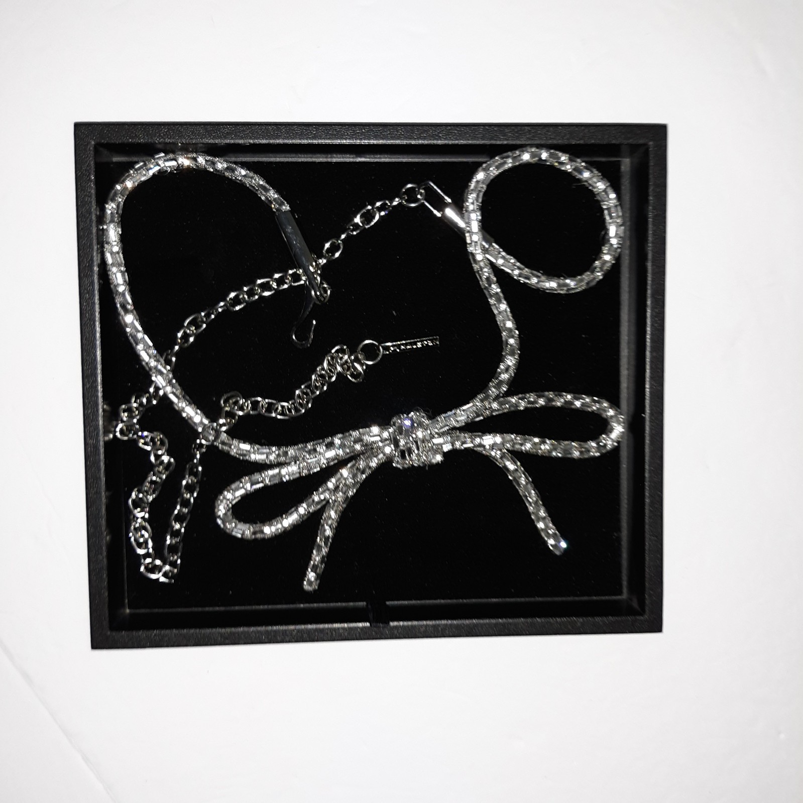 Vtg H By Halston Crystal Belt Sz L W/Bow Adj Clip Chain Clear Stones Slvr Fabric