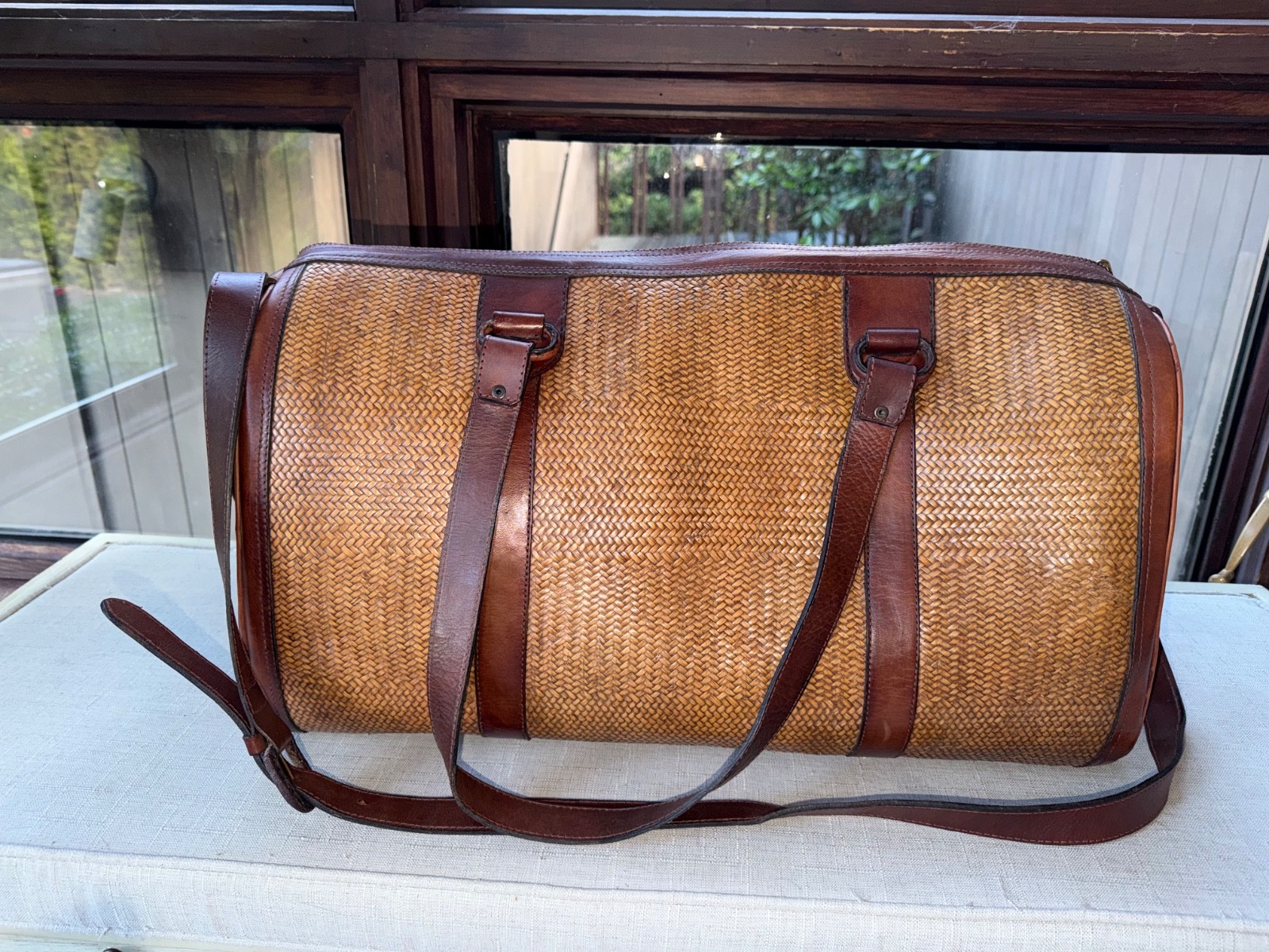 🔥 VINTAGE ELLIOTT LUCCA WOVEN STRAW & LEATHER WEEKENDER / TOTE BAG 🔥