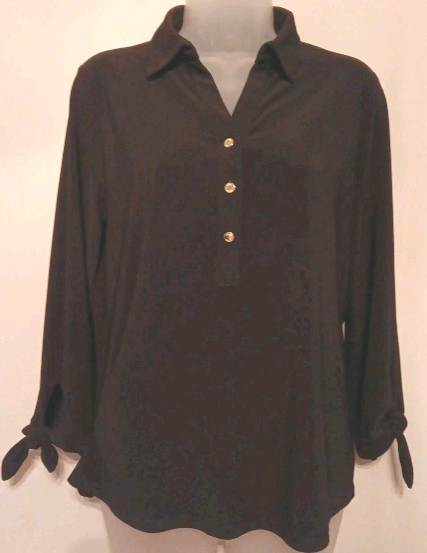 Anne Klein Black Top Stretch Small Collar 3/4 Tie Sleeves 3 Button Placket EUC