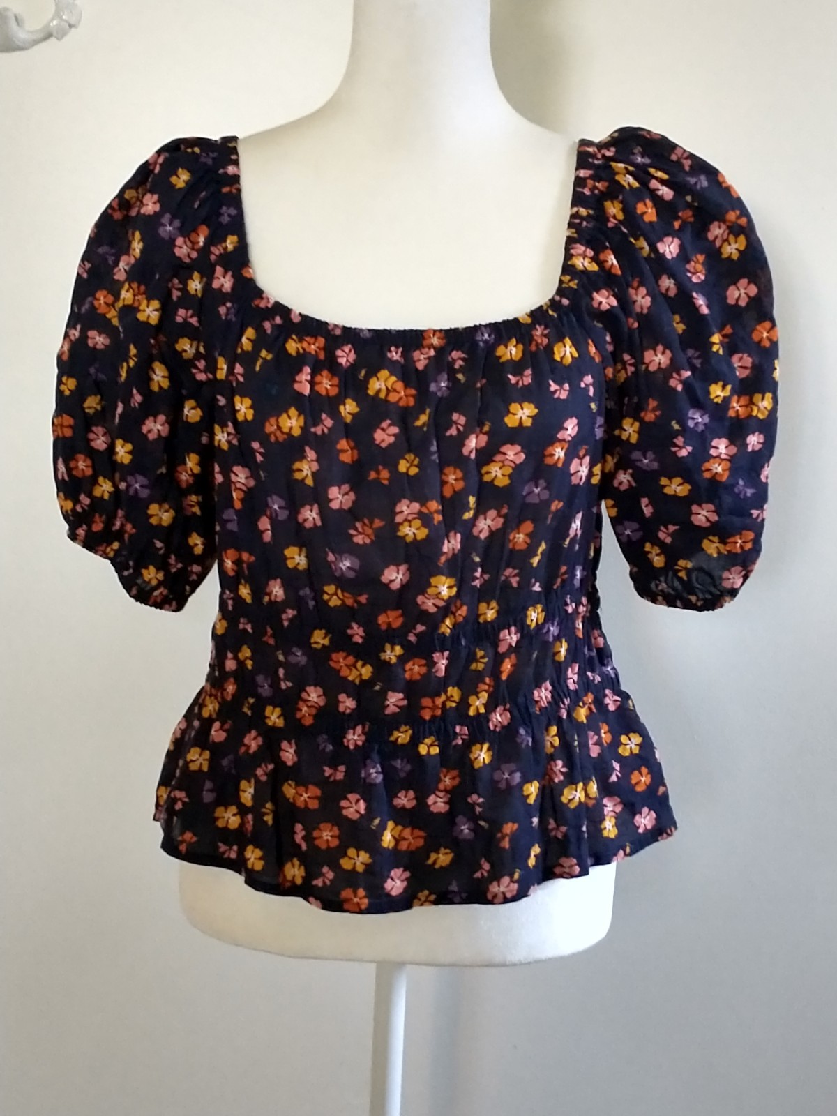 Madewell Navy Blue Floral Boho Peplum Puff Sleeve Blouse Top S