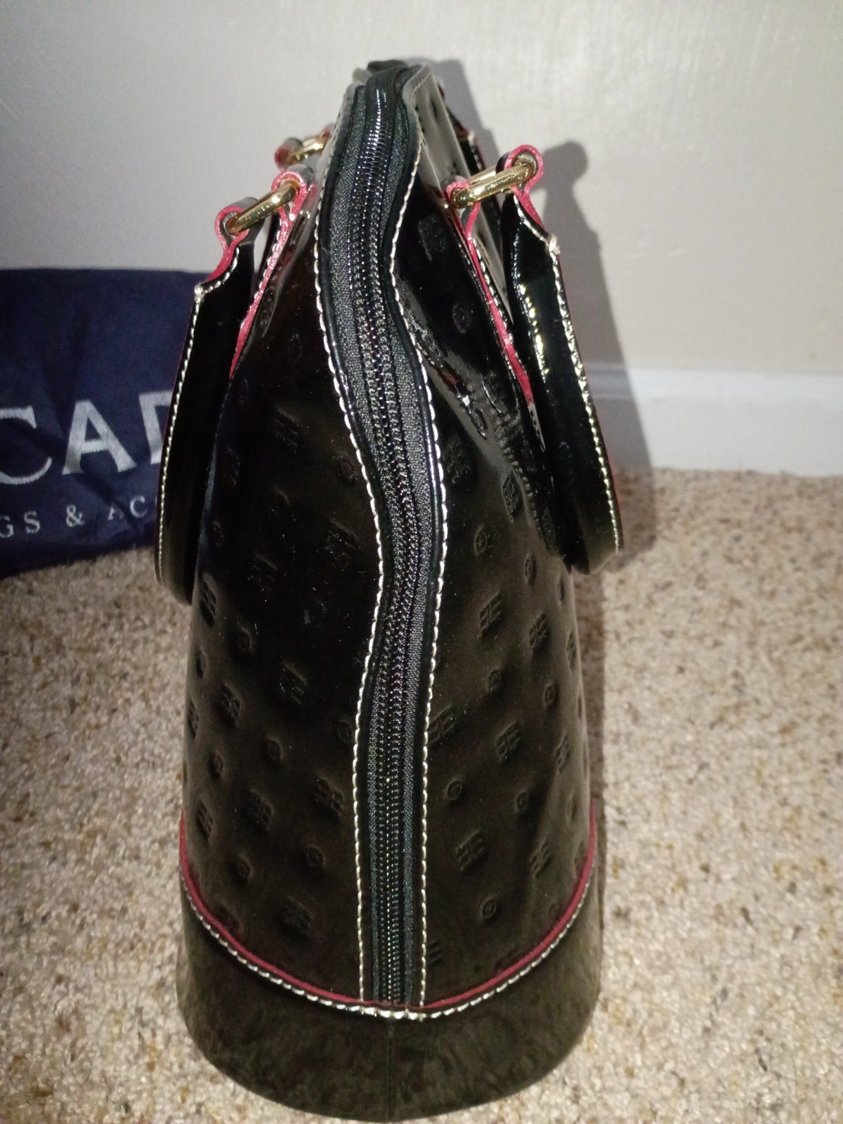 Arcadia Black Patent Pink Trim Zip Top Handle Satchel, Made in Italy, Dust Bag