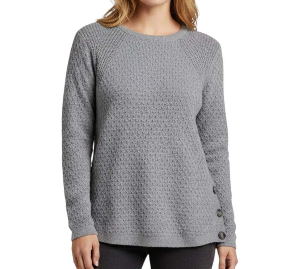 NWT J.JILL Gray Heather Sweater CHUNKY BASKETWEAVE KNIT Buttons on Sides SZ XL