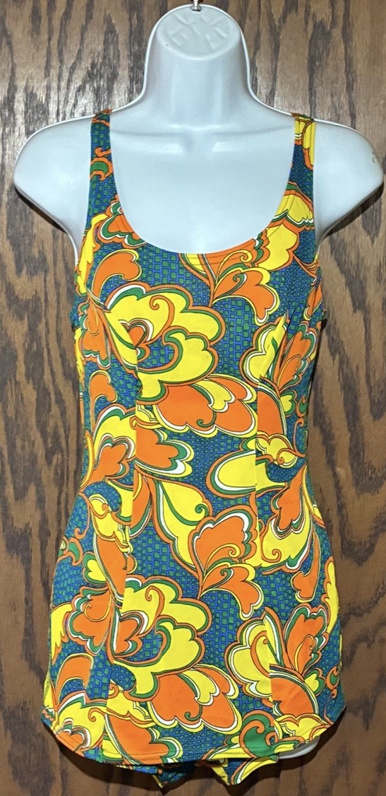 Vintage 1960’s Dolfin Corp. Bathing Suit Swimsuit Romper Mod Paisley Swirl SZ S