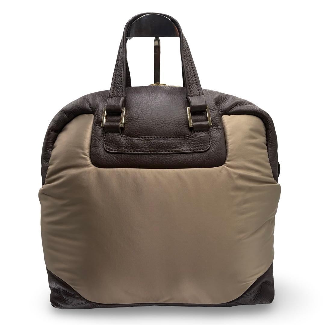 Y’Saccs Isaac Dome Handbag Brown Nylon Leather Logo Japan Excellent 069639