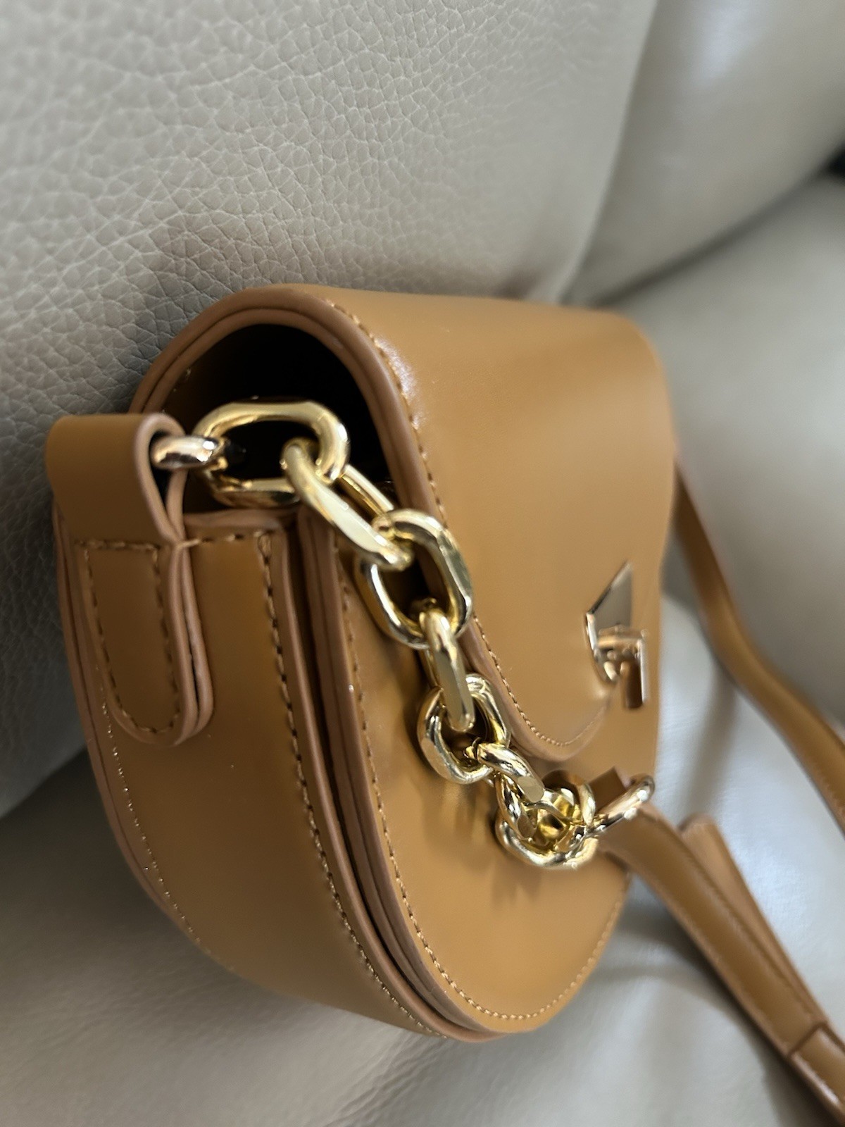 Melie Bianco Brown Half Moon Crossbody Bag, Adjustable Strap, Chain, Zip