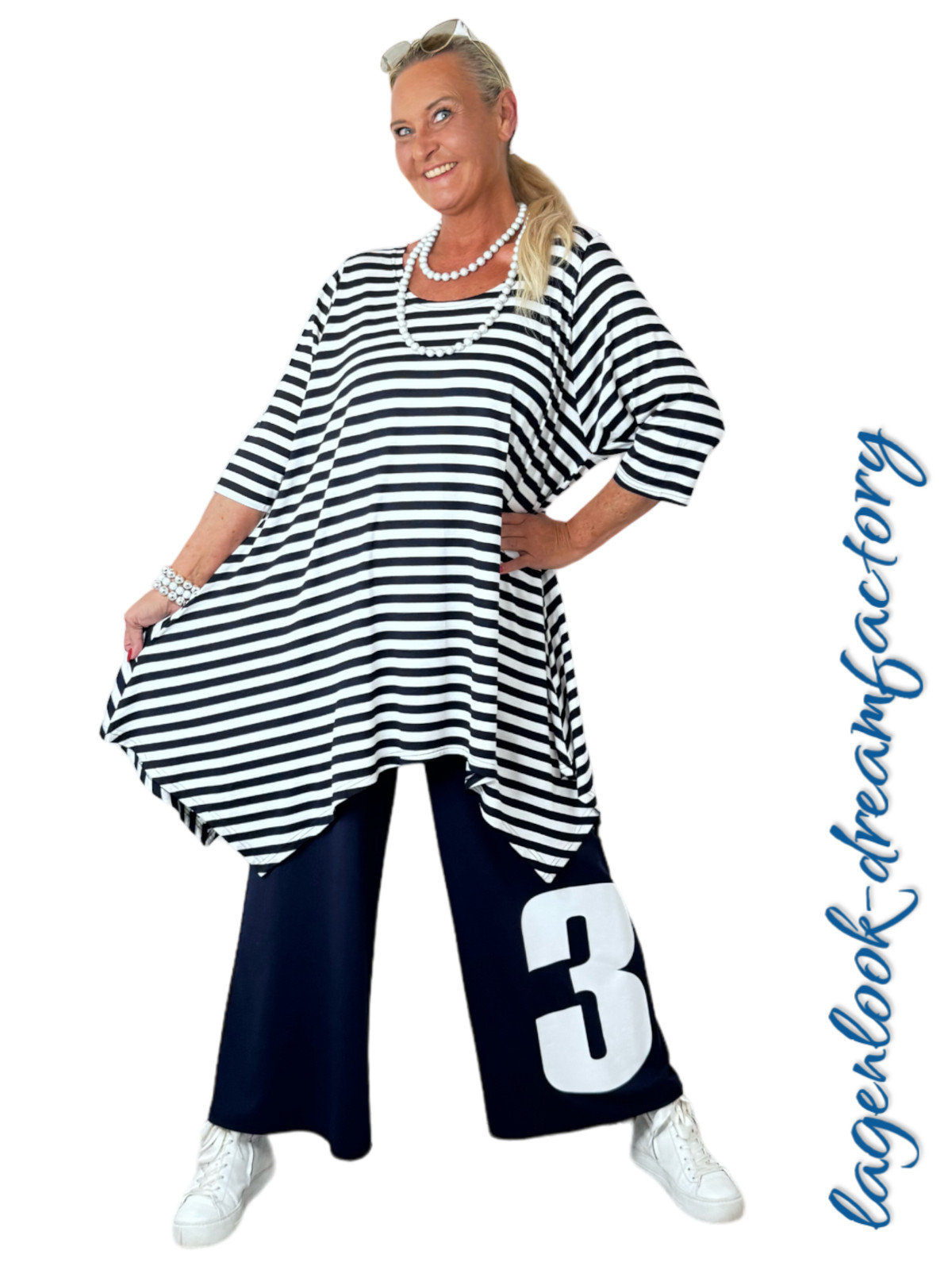 Layered Look A-Line Long Tip Tunic Navy White 5 Sizes 42 44 46 48 50 52 54