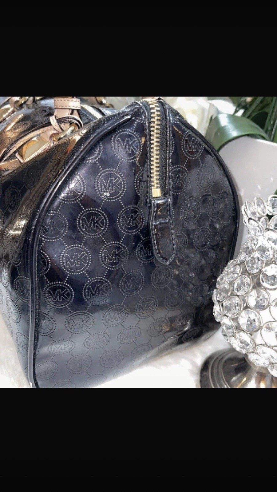 Michael Kors Black Beige Logo Satchel Zip Gold Hardware Charm Bottom Studs