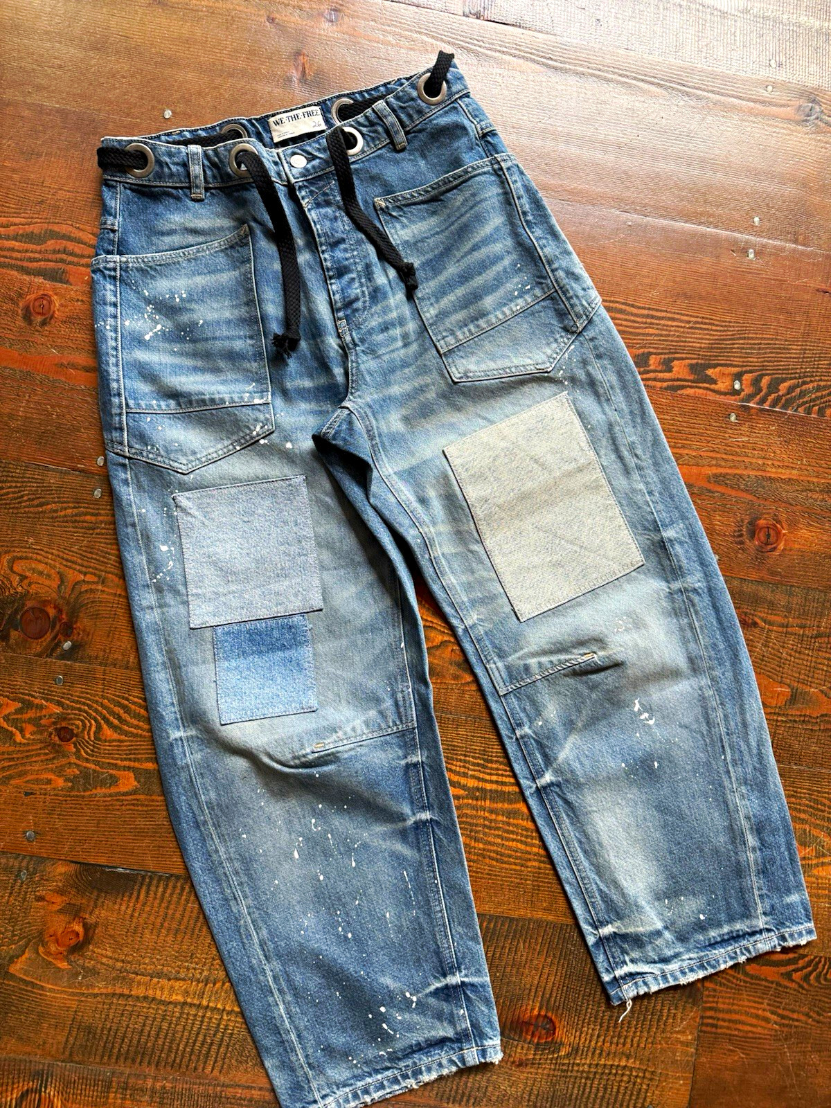 We The Free Moxie Paint Splatter Patch Barrel Jeans w/Drawstring Size 26