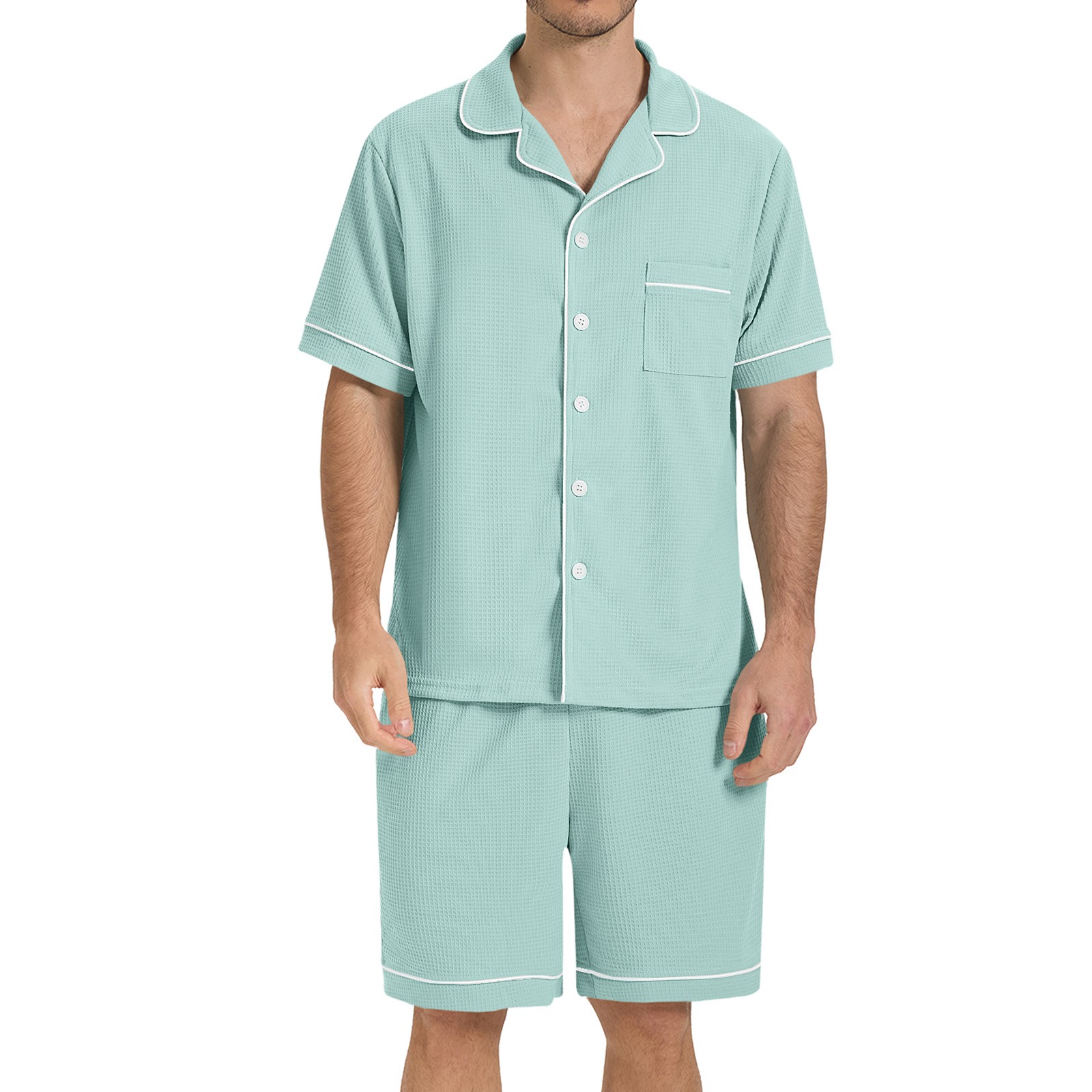 SIORO Men Waffle Knit Pajamas Set Short Sleeve Sleepwear Button Down Loungewear