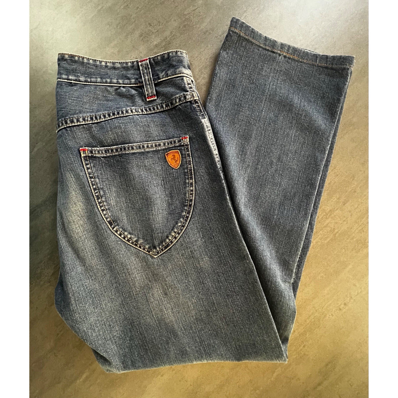 VTG Ferrari Button Fly Blue Denim Jeans Leather Logo Italian Men’s 33×30.5 IT 50