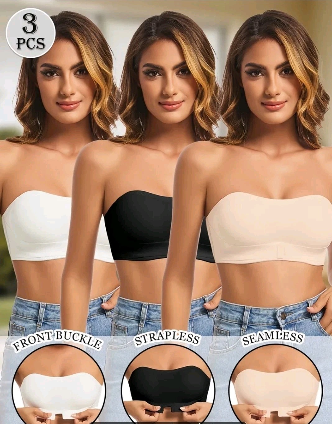 3pcs Detachable Padded Wireless Strapless Bra Women’s Size XL
