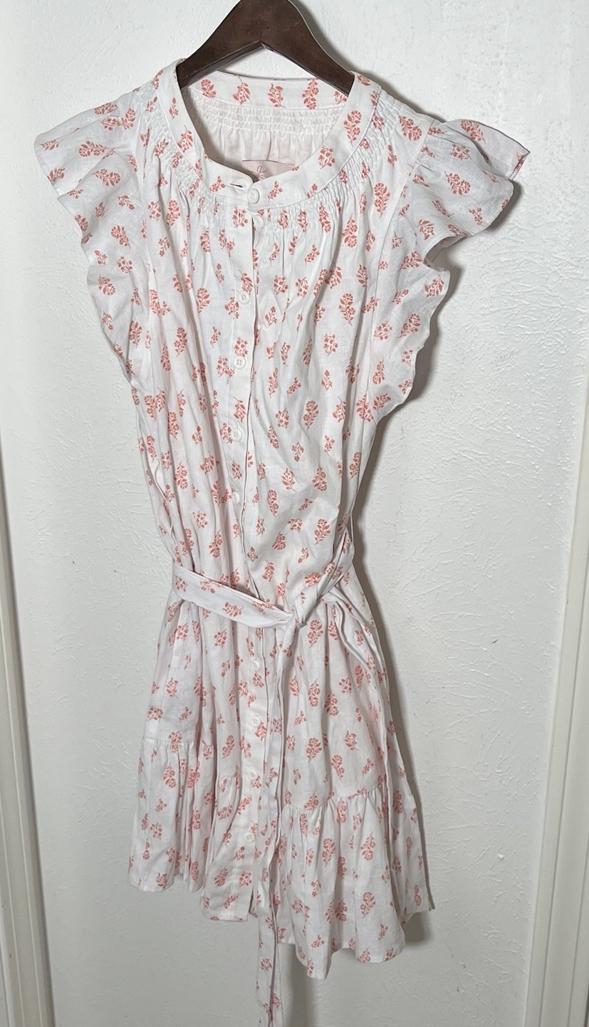 GAL MEETS GLAM White Peach Floral Print Linen Blend Ruffle Dress Womens US 0