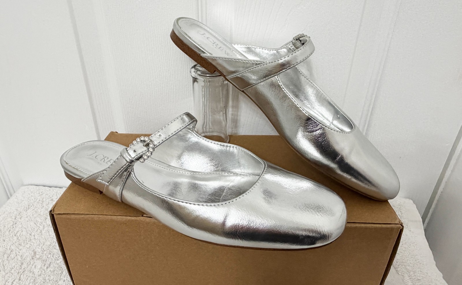 JCREW Mary Jane Mules -EXCELLENT COND!- Women Sz 8 Silver with Rhinestone Buckle