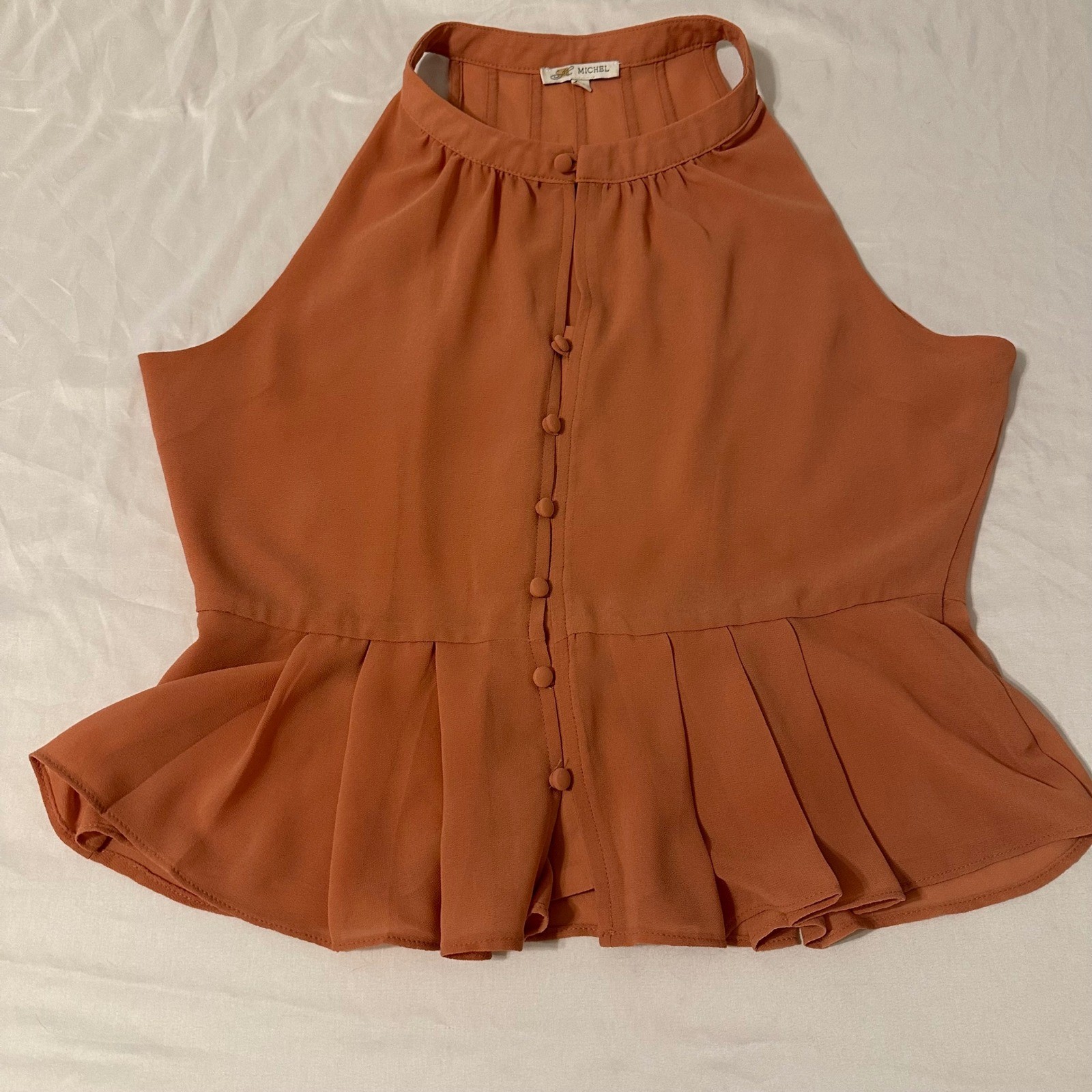 Michel Peplum Halter Top Women Small Orange Excellent Button Front High Neck