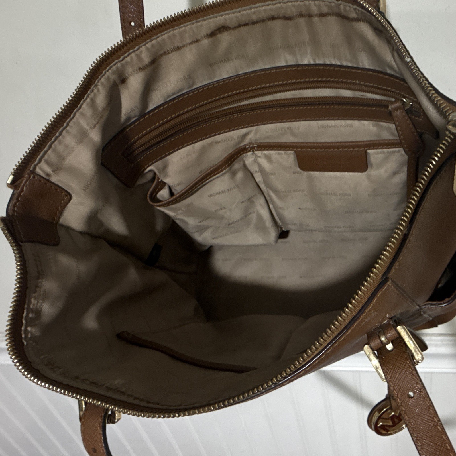 Michael Kors Brown Medium Tote Bag, Zip Top, Lined Pockets, Gold Charm